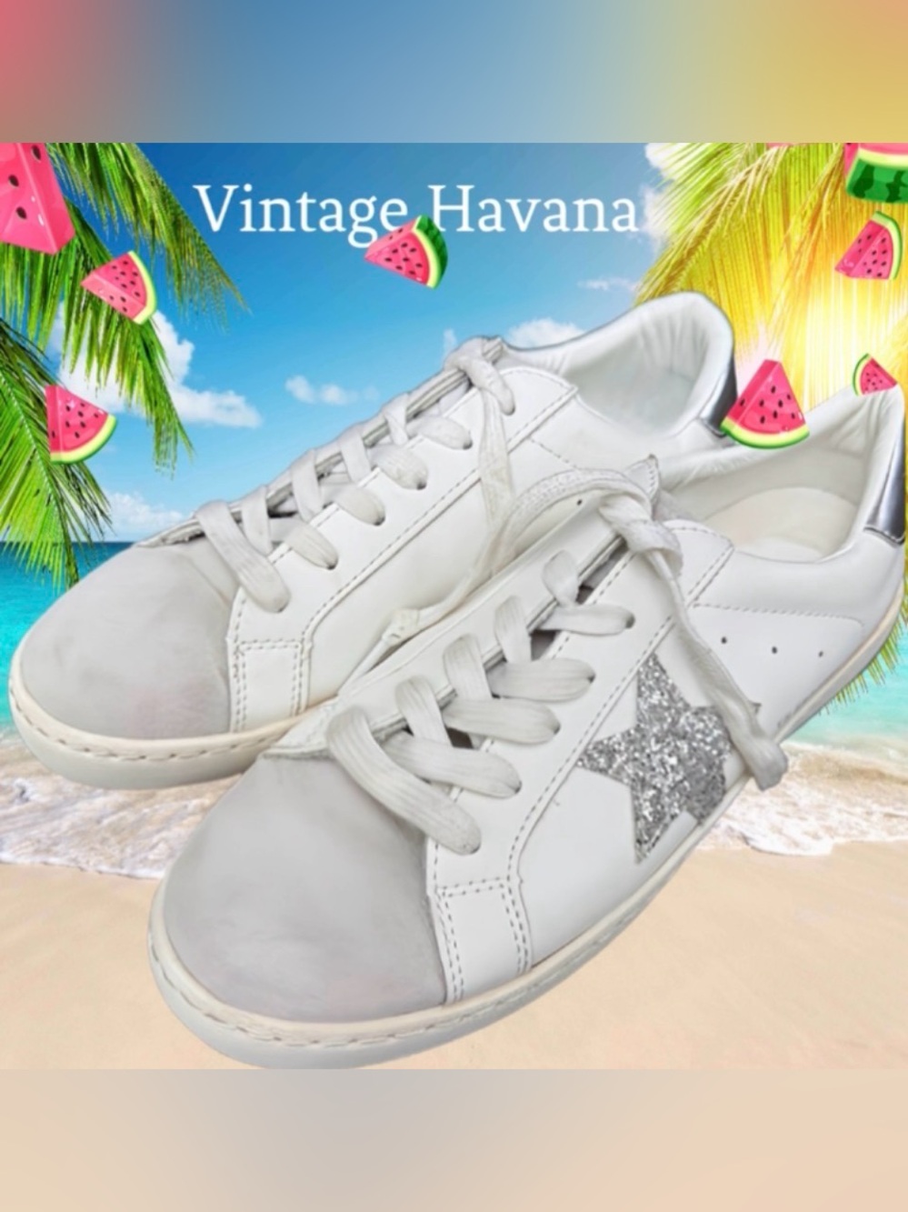 VINTAGE HAVANA WHITE STAR SPARKLE LOW TOP SNEAKERS -8 👟✨